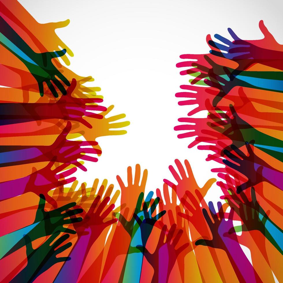 Colorful silhouettes hands up on a light background. Vector symbol illustration.