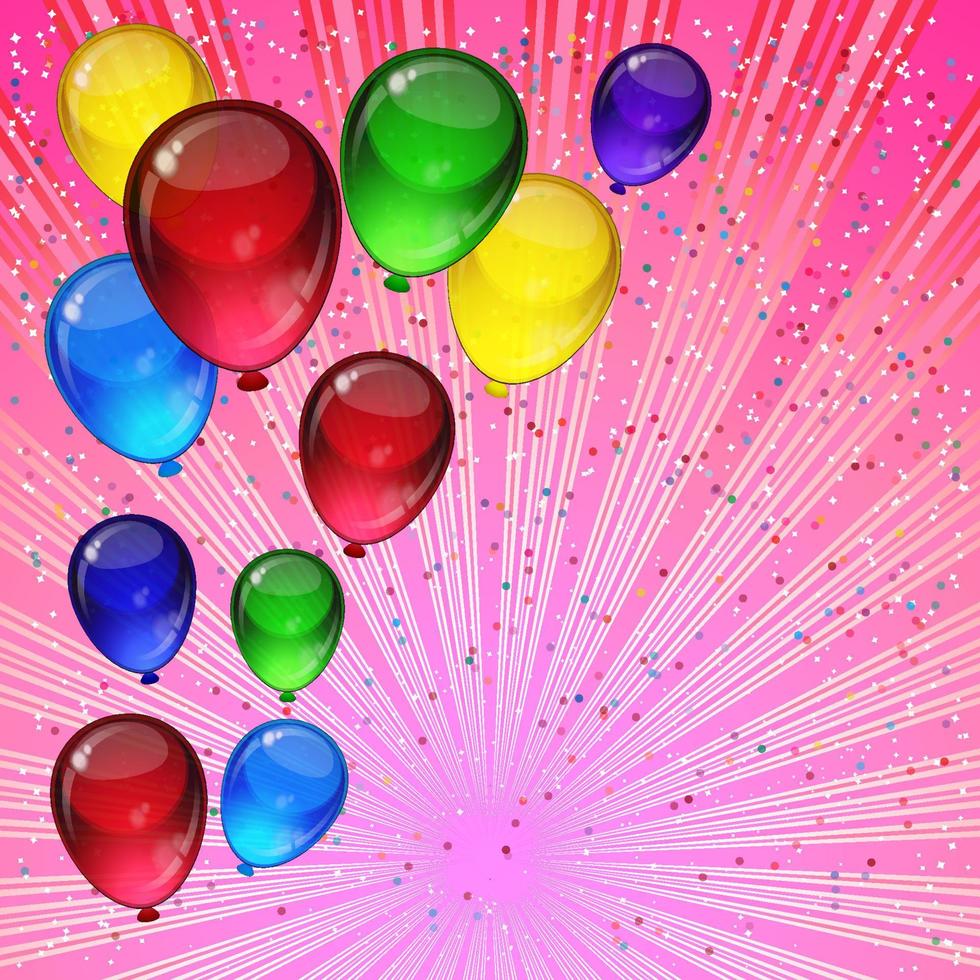 Fondo de vector de fiesta de cumpleaños: coloridos globos festivos, confeti, cintas volando para tarjetas de celebraciones en fondo rosa con espacio para tu texto.