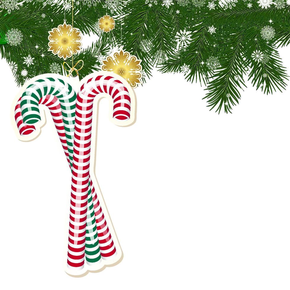 fondo de navidad con decoración navideña y ramas verdes de árbol de navidad. vector