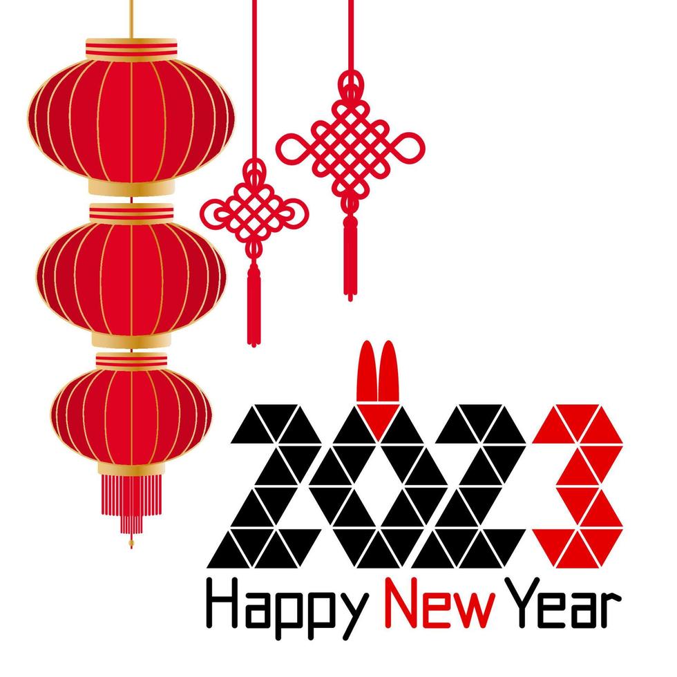 2023 chinese new year, year of the rabbit, date and rabbit ears, chinese lantern, chinese knot of happiness and good luck vector