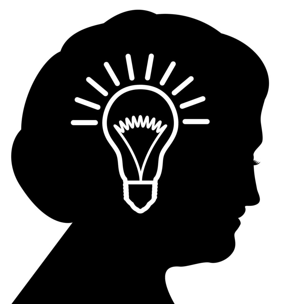 Light bulb in the profile of the head of a beautiful old woman. Concept for brainstorming, ideas, eureka. vector