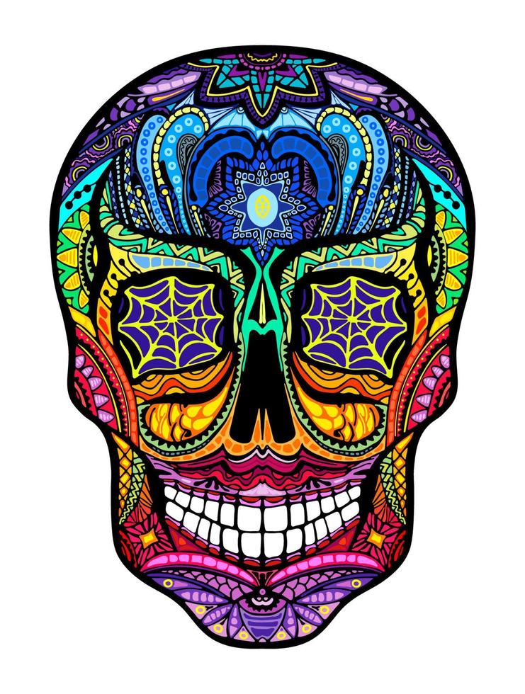 Tattoo colorful skull, black and white vector illustration on white background, Day of the dead symbol.