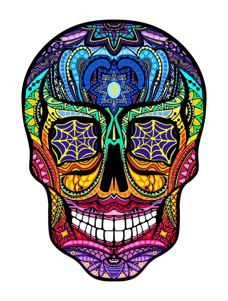 Tatuaje cráneo colorido, ilustración vectorial en blanco y negro sobre fondo blanco, símbolo del día de los muertos. vector