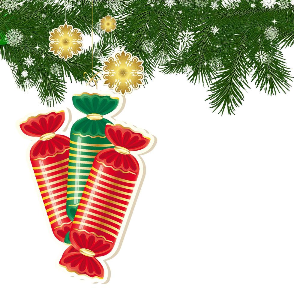 fondo de navidad con decoración navideña y ramas verdes de árbol de navidad. vector