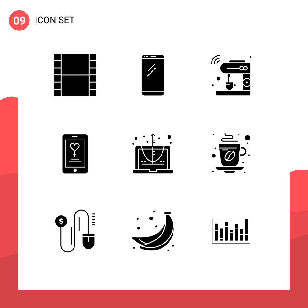 Pack of 9 creative Solid Glyphs of calculate love coffee mobile wifi Editable Vector Design Elements