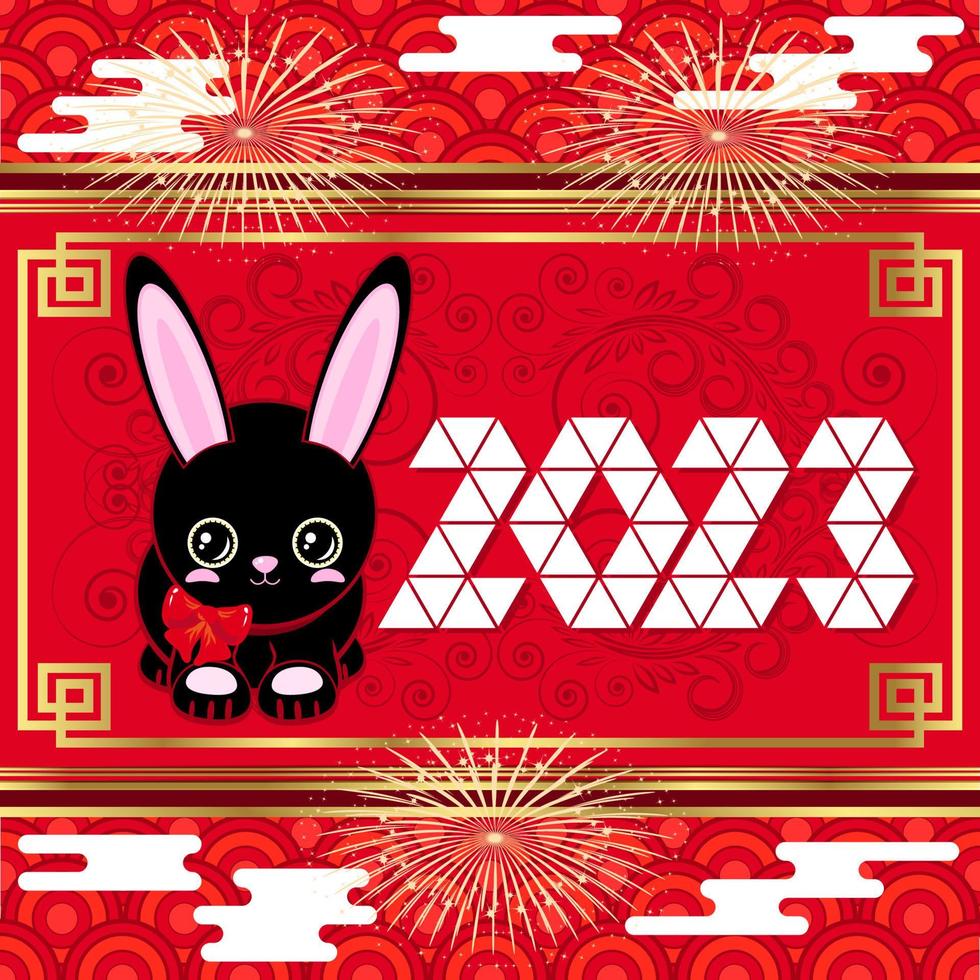Cute black rabbit. 2023 festive luxury red gold background. New Year, Chinese New Year frame. vector
