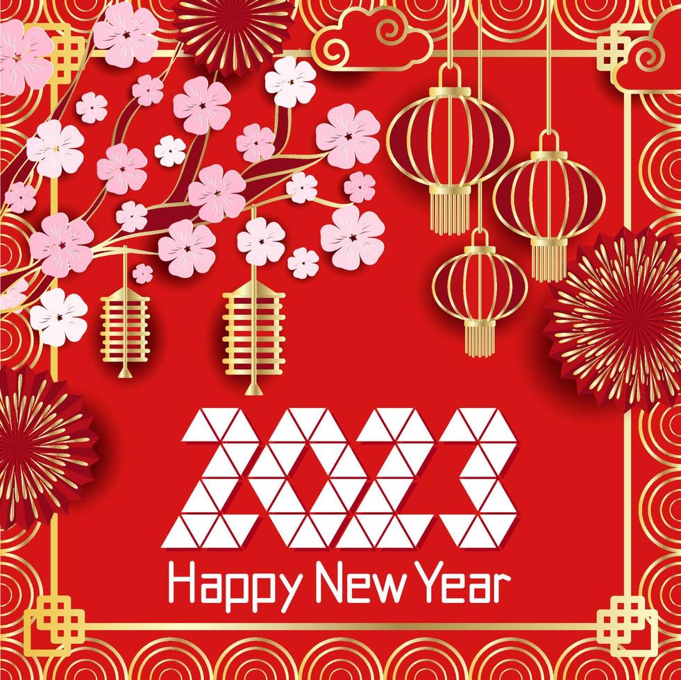 Fondo de oro rojo de lujo festivo de feliz año nuevo 2023. año nuevo, año nuevo chino. marco hecho de linternas chinas, fuegos artificiales, ramas de flores de árboles y espacio para tu texto vector