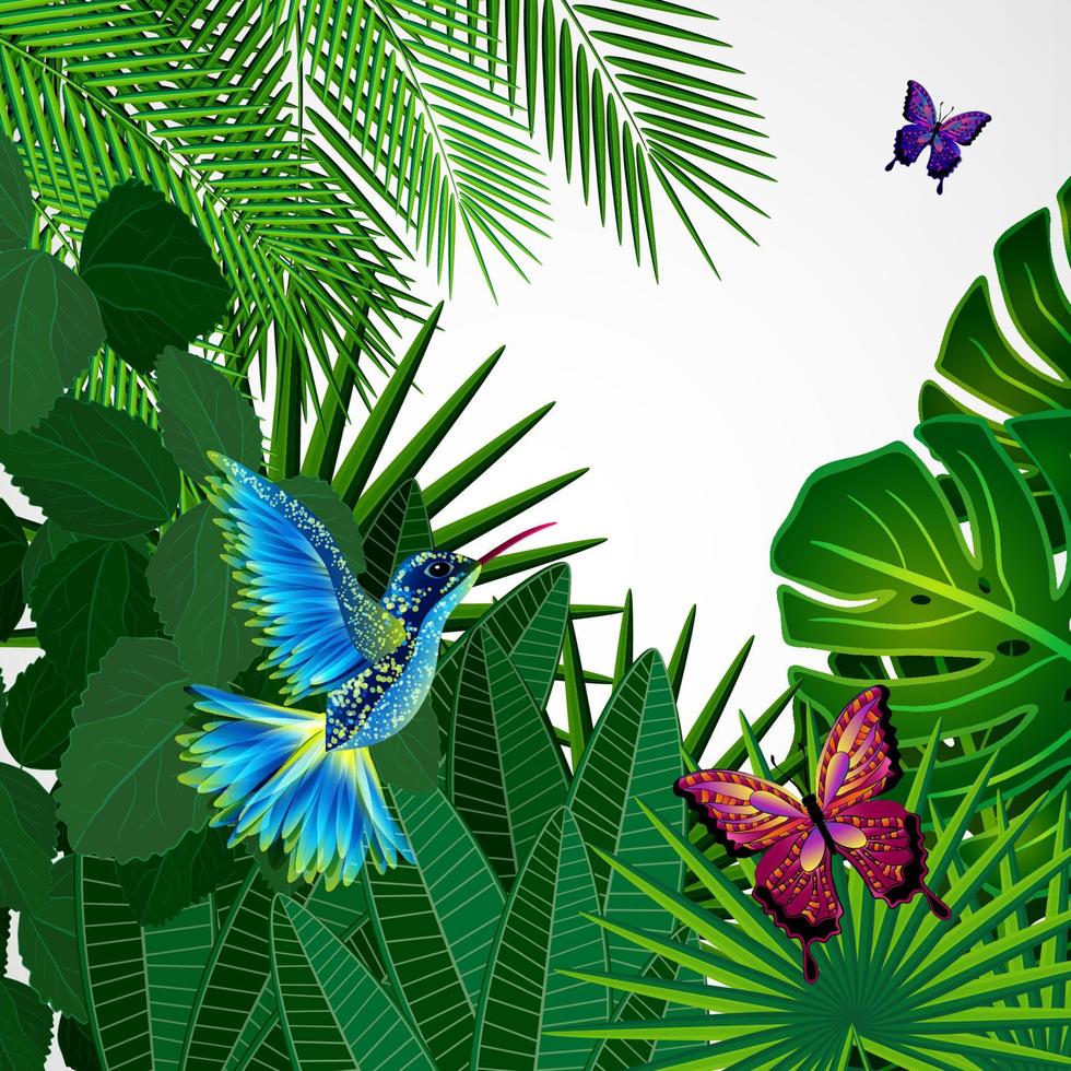 Tropical leaves with birds, butterflies. Floral design background with colibri. vector