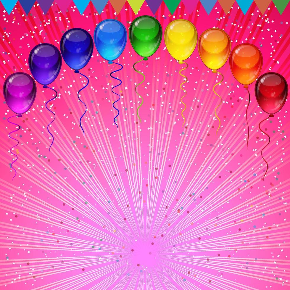 Birthday party vector background colorful festive balloons, confetti, ribbons flying for celebrations card in isolated white background with space for you text.