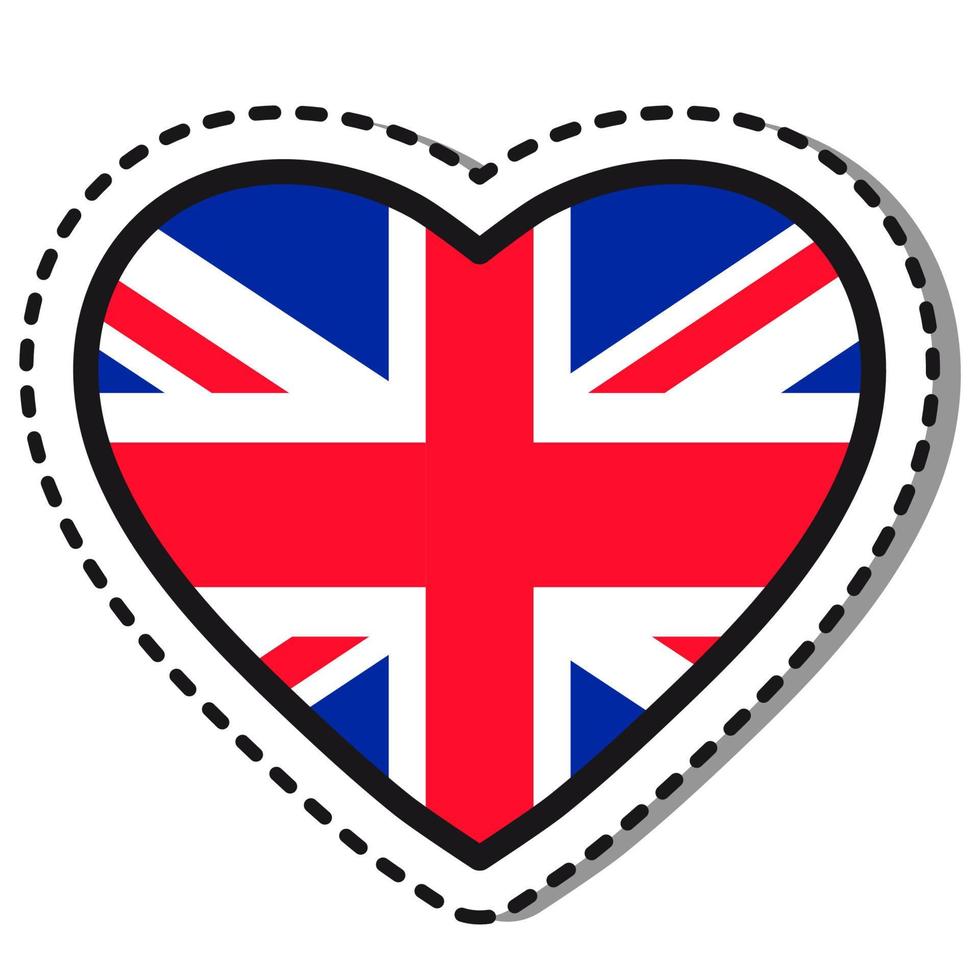 Flag Great Britain heart sticker on white background. Vintage vector love badge. Template design element. National day. Travel sign.