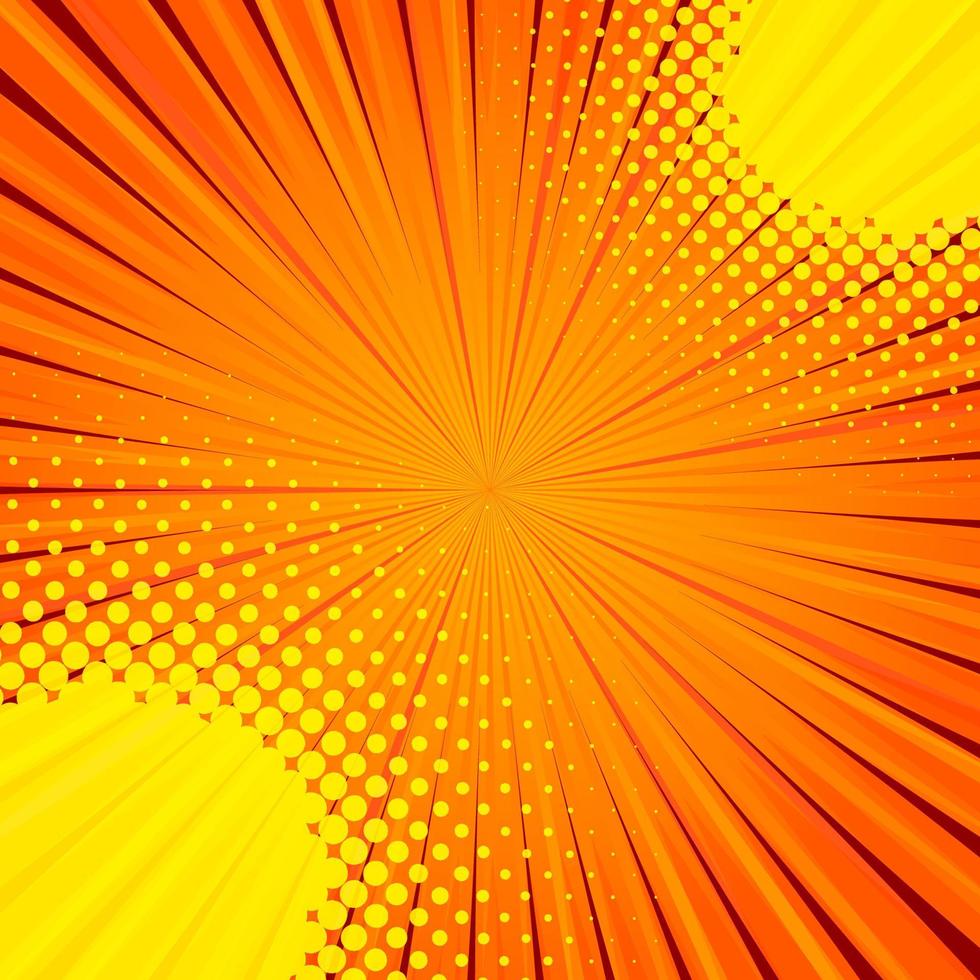 Abstract comic orange background for style pop art design. Retro burst template backdrop. Light rays effect. Vintage comic book style, halftone modern print texture, vector. vector