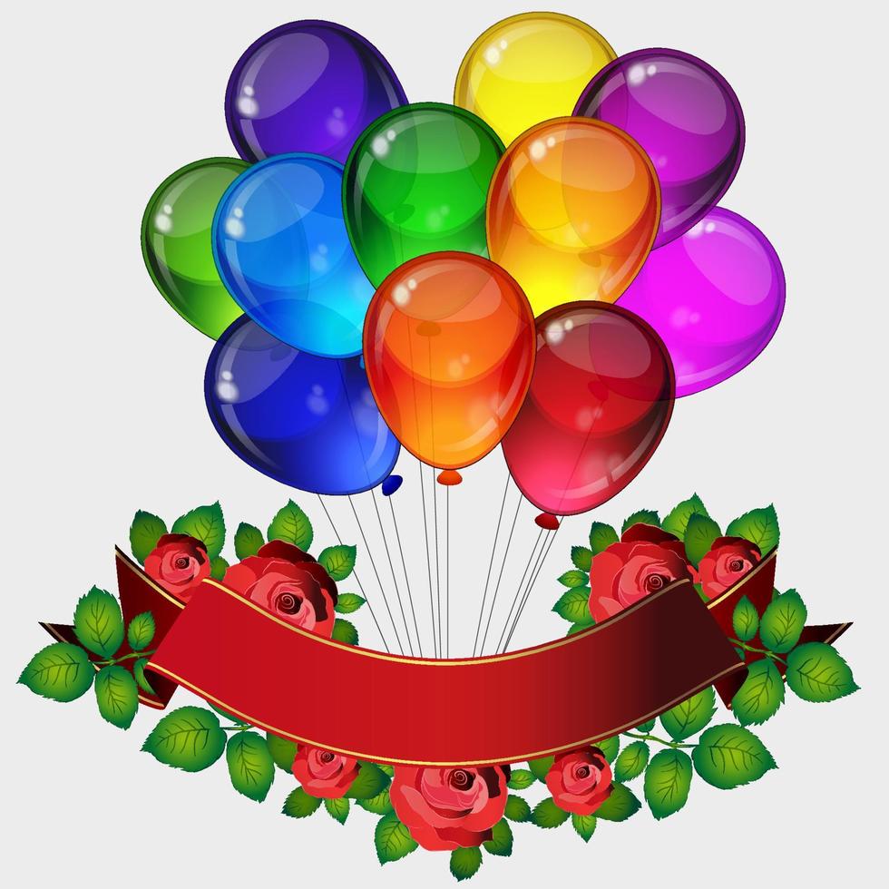 fondo vectorial de la fiesta de cumpleaños: coloridos globos festivos, flores de rosas, cintas que vuelan para la tarjeta de celebraciones en un fondo blanco aislado con espacio para el texto. vector