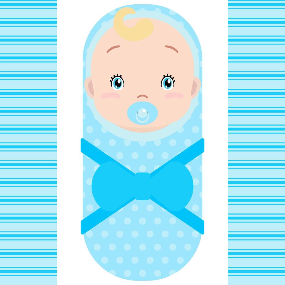 Smiling caucasian baby boy with pacifier isolated on white background. Vector cartoon mascot. Holiday illustration to Birthday, Baby Shower.