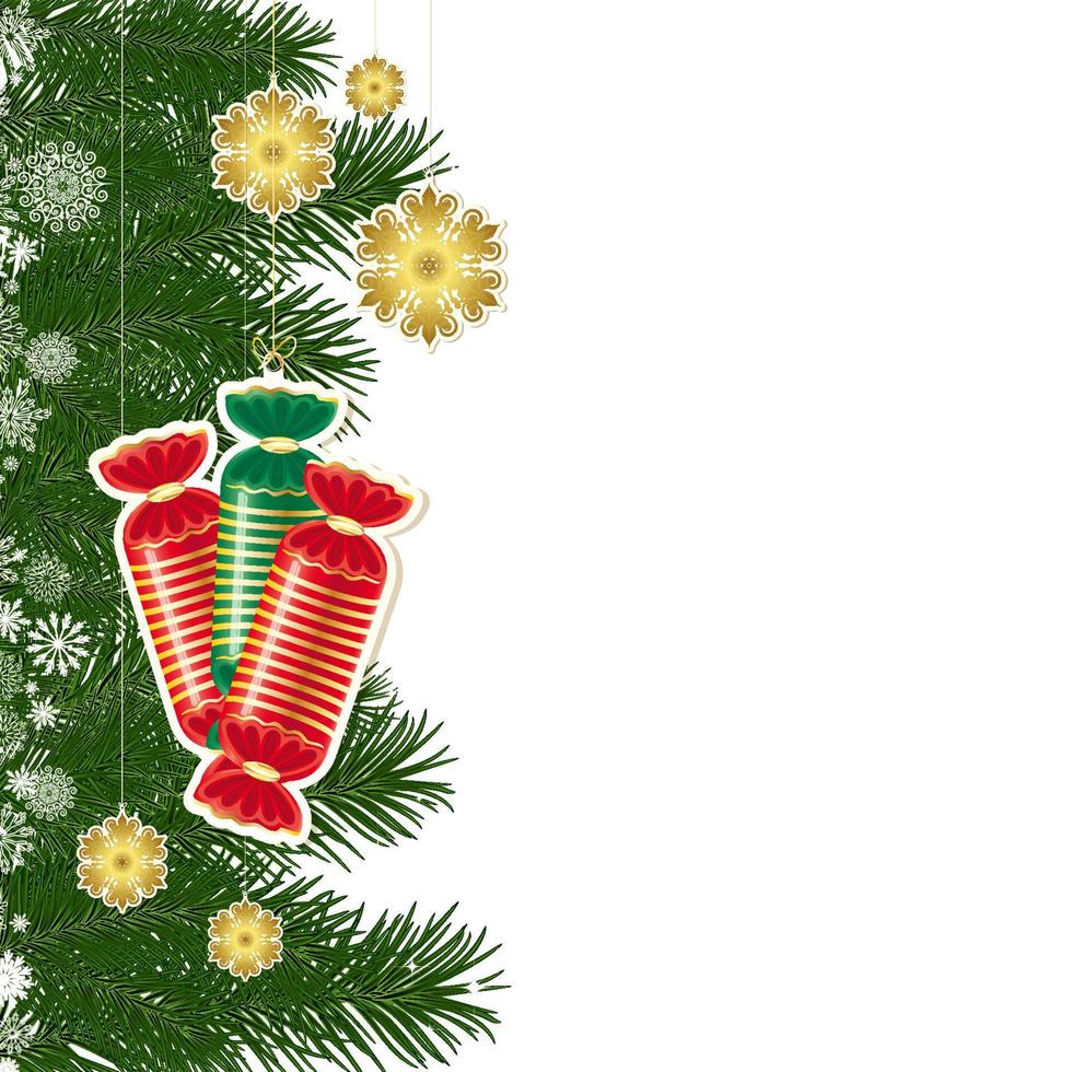 fondo de navidad con decoración navideña y ramas verdes de árbol de navidad. vector