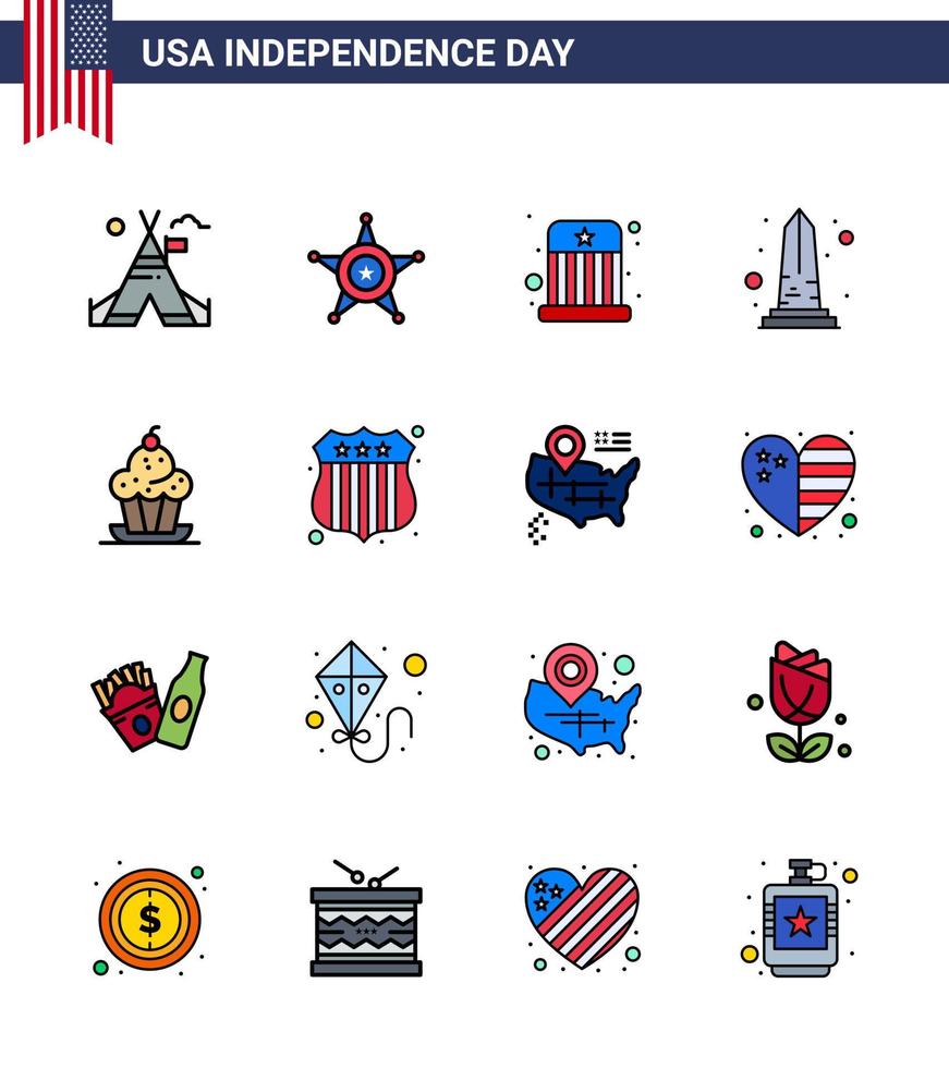 conjunto de 16 iconos del día de los ee.uu. símbolos americanos signos del día de la independencia para el pastel ee.uu. circo vista punto de referencia elementos editables del diseño del vector del día de los ee.uu.