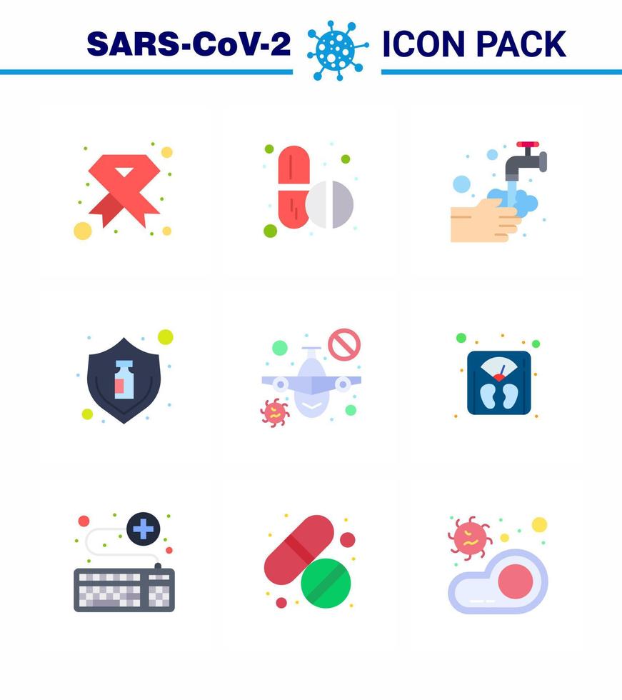 conjunto de iconos covid19 para el paquete infográfico de 9 colores planos, como tabletas de vacuna contra la gripe, lavado de burbujas, coronavirus viral 2019nov, elementos de diseño de vectores de enfermedades