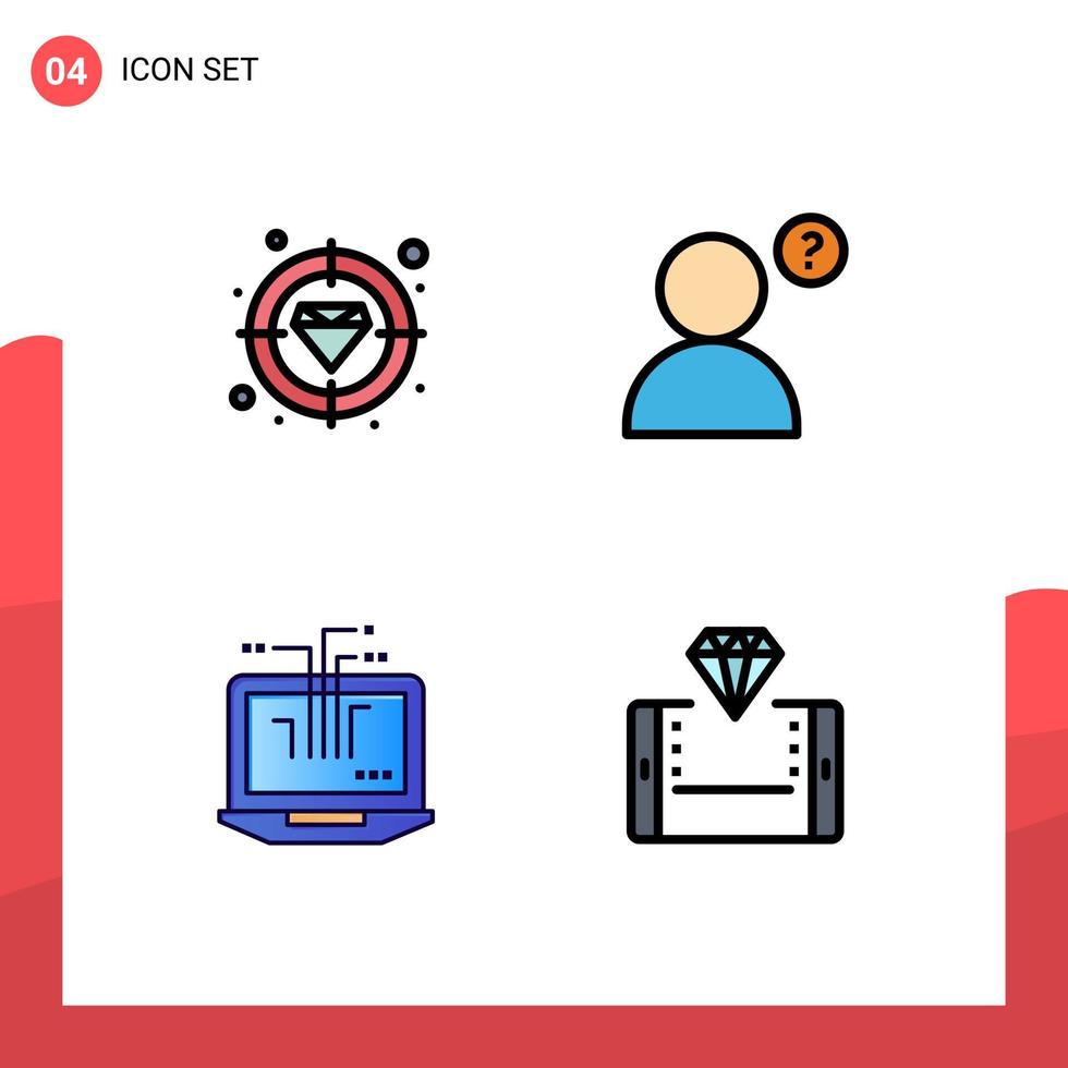conjunto de pictogramas de 4 colores planos de línea de llenado simple de elementos de diseño de vector editables en línea de computadora objetivo de hardware de diamante