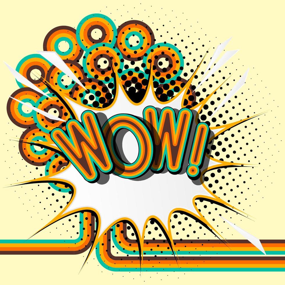 WOW  retro lettering with shadows, halftone pattern on retro poster  background. Vector bright illustration in vintage pop art style.