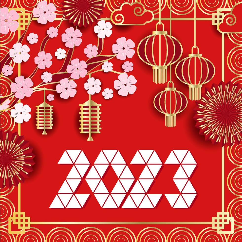 2023 Happy New Year  Festive luxury red gold background. New Year, Chinese New Year. Frame made of Chinese lanterns, fireworks, tree flower branches and space for your text vector