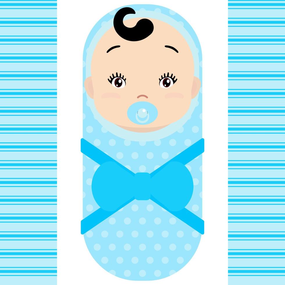 Smiling asian baby boy with pacifier isolated on white background. Vector cartoon mascot. Holiday illustration to Birthday, Baby Shower.