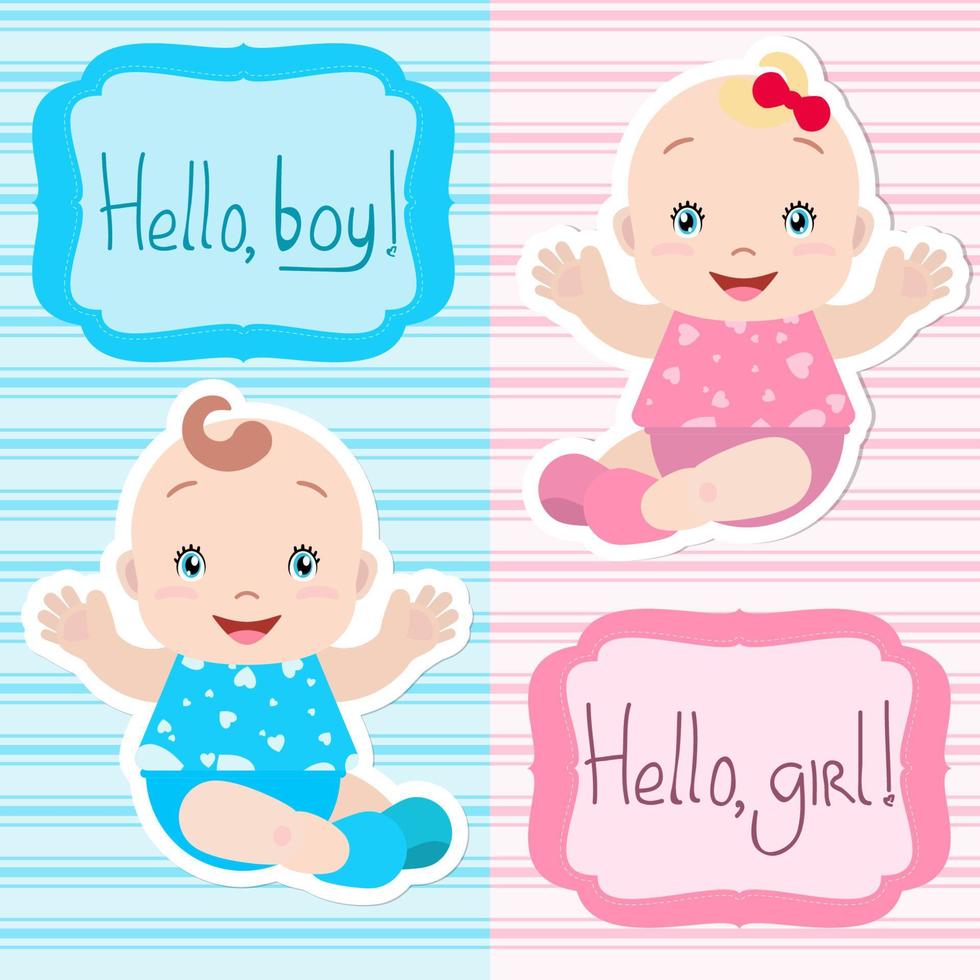 Lovely twins  vector babies boy and girl sitting, holding out hands, smiling. A frame with an inscription. Card, invitation, baby shower.