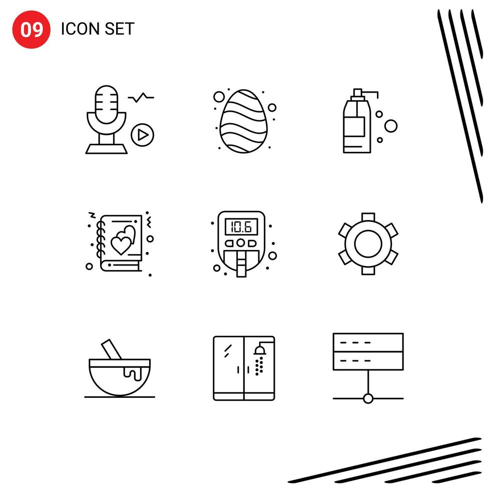 Mobile Interface Outline Set of 9 Pictograms of sugar level cleaning story love Editable Vector Design Elements