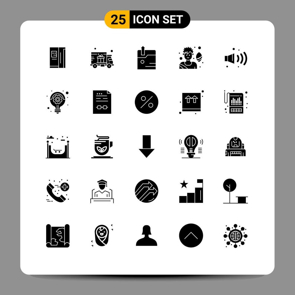 Modern Set of 25 Solid Glyphs Pictograph of business noise business gas soccer player Editable Vector Design Elements