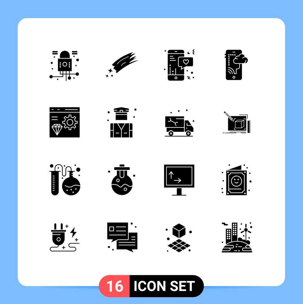 Modern Set of 16 Solid Glyphs and symbols such as app mobile comet connection text Editable Vector Design Elements