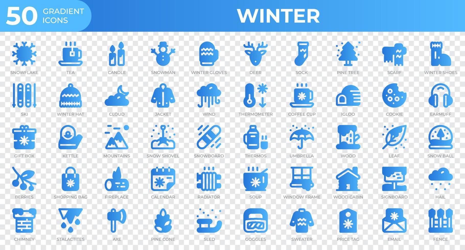 Winter icons in gradient style. Snowflake, tea, sweater. Gradient icons collection. Holiday symbol. Vector illustration