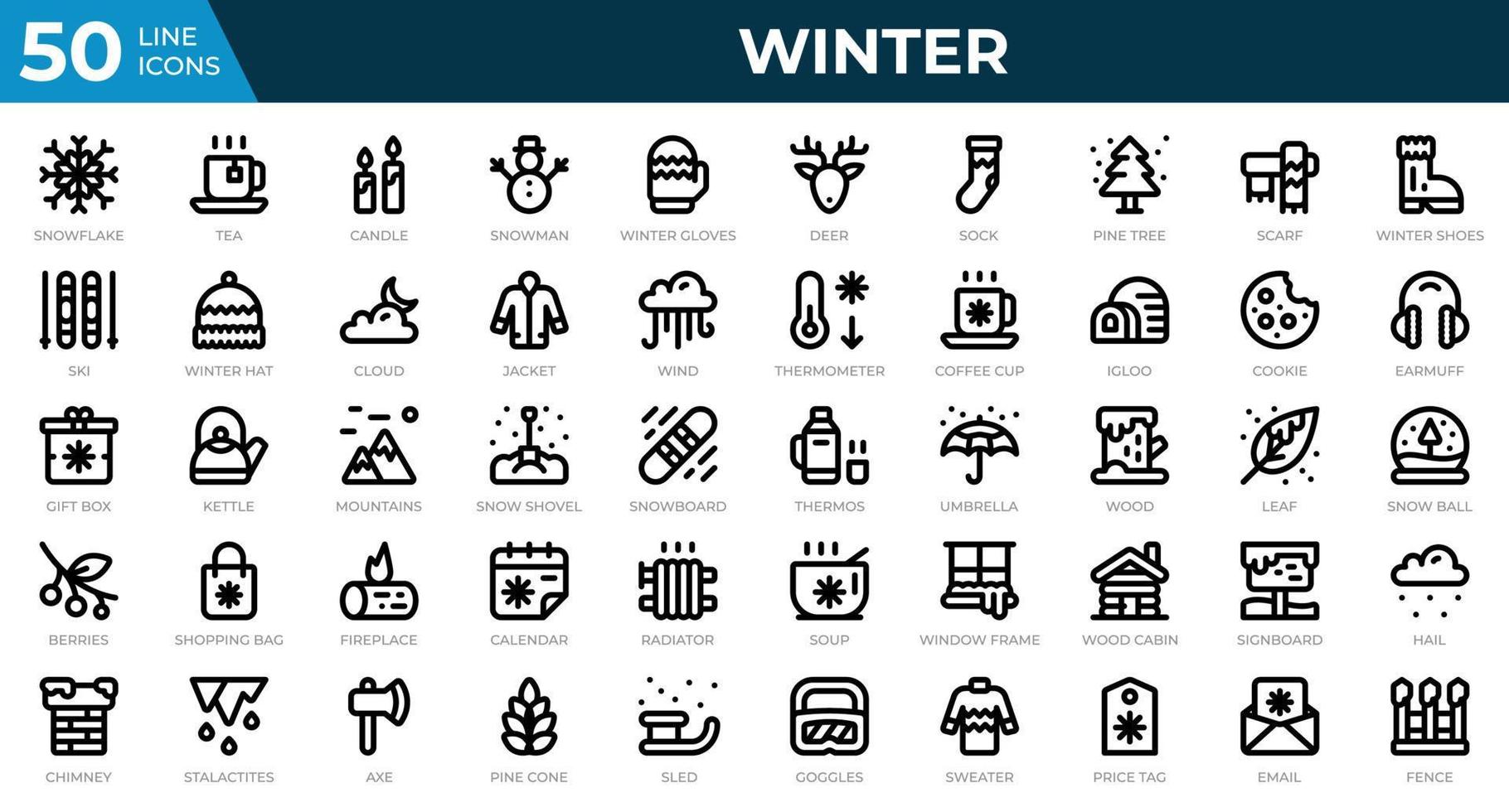 Winter icons in line style. Snowflake, tea, sweater. Outline icons collection. Holiday symbol. Vector illustration