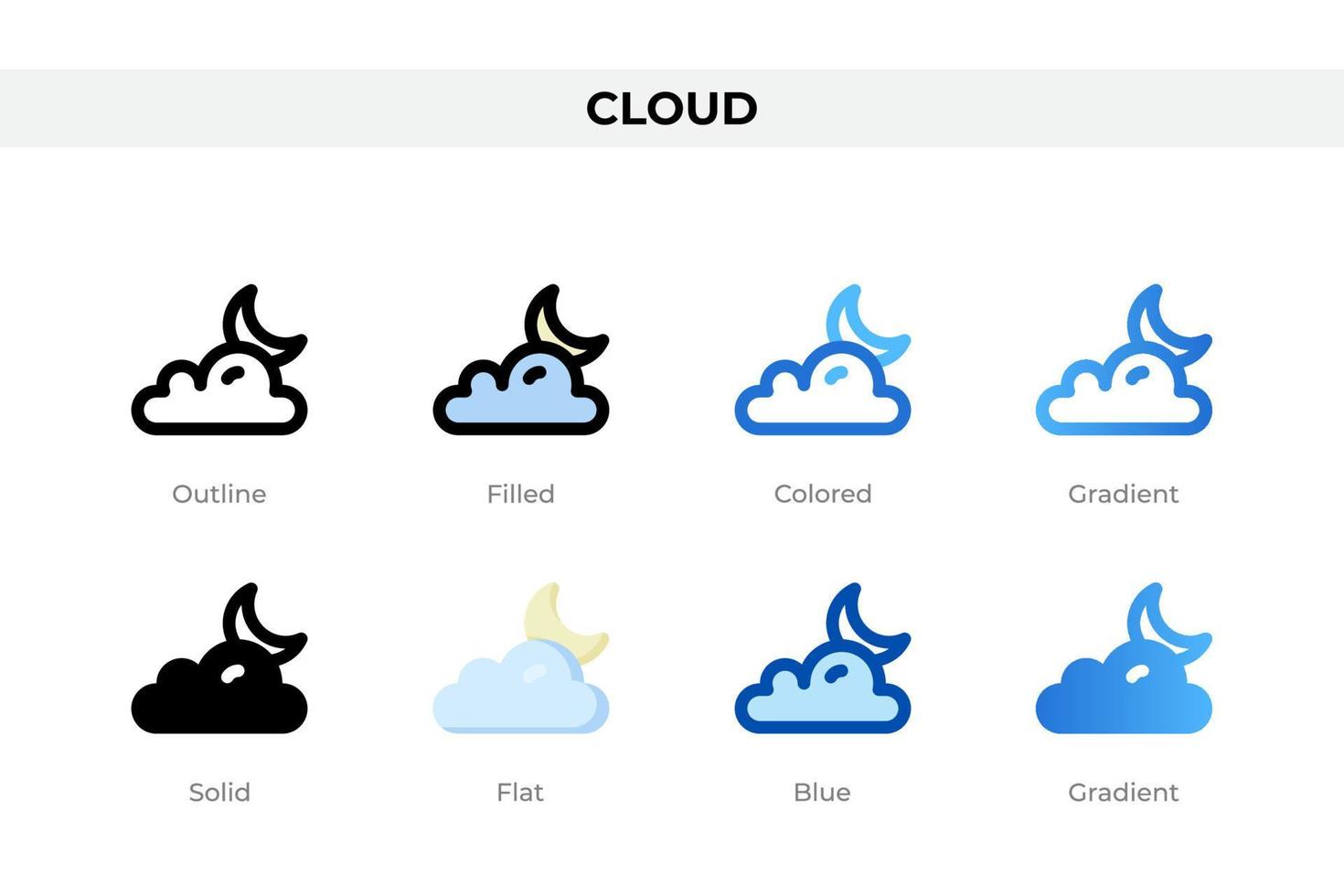 Cloud icons in different style. Cloud icons set. Holiday symbol. Different style icons set. Vector illustration