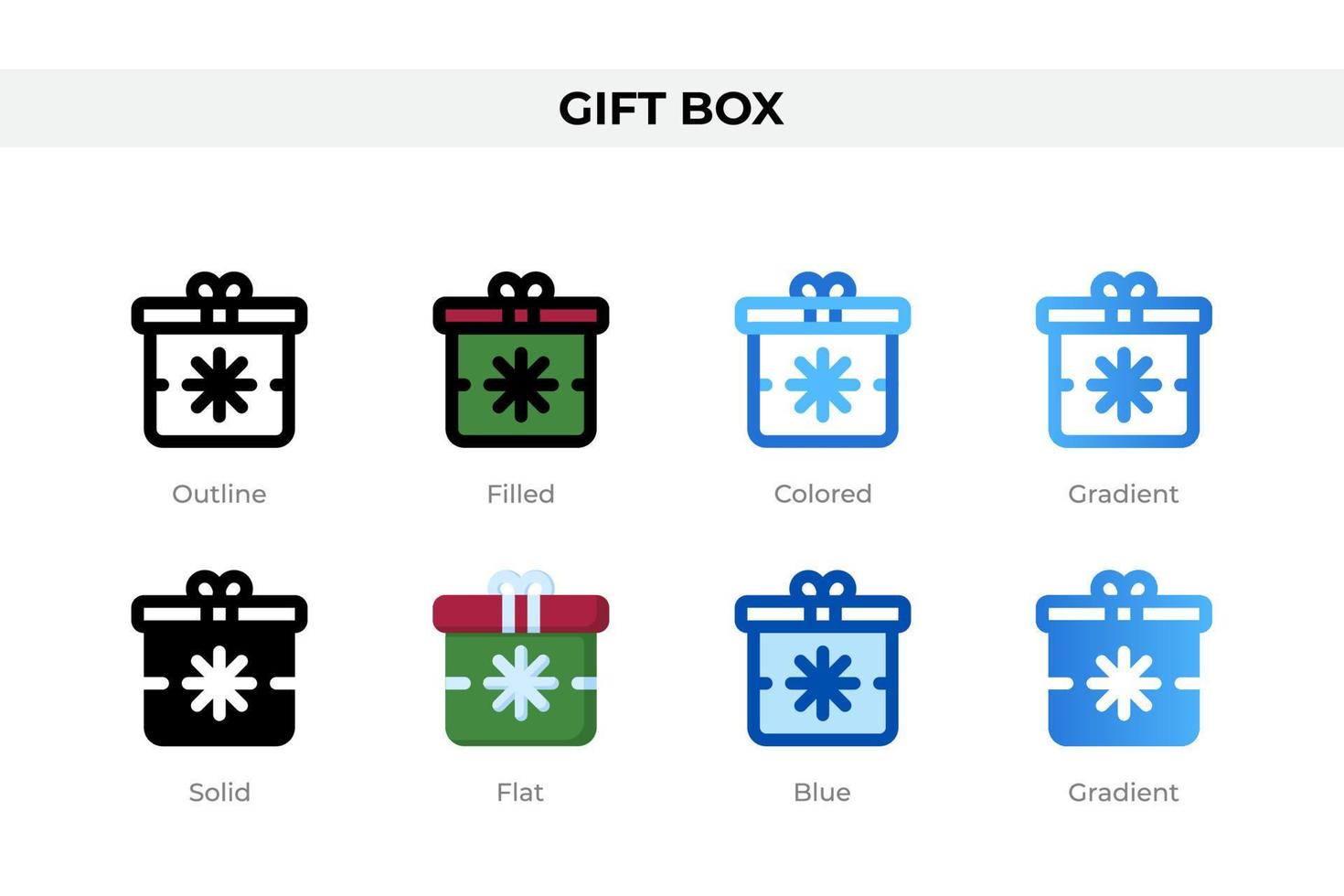 Gift box icons in different style. Gift box icons set. Holiday symbol. Different style icons set. Vector illustration