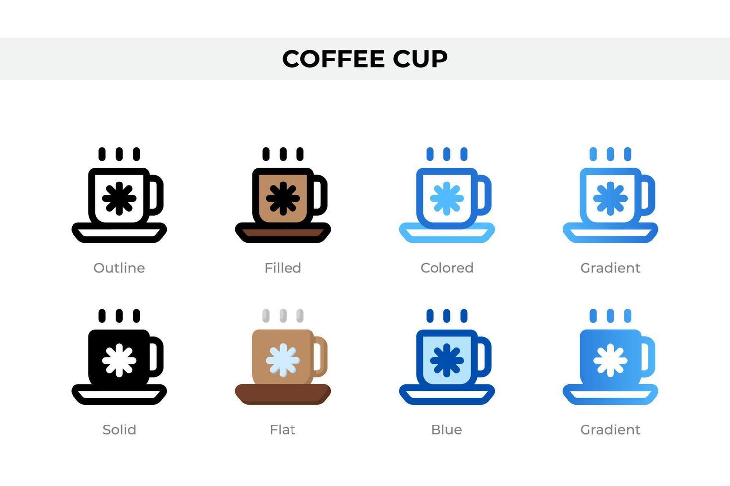 Coffee cup icons in different style. Coffee cup icons set. Holiday symbol. Different style icons set. Vector illustration