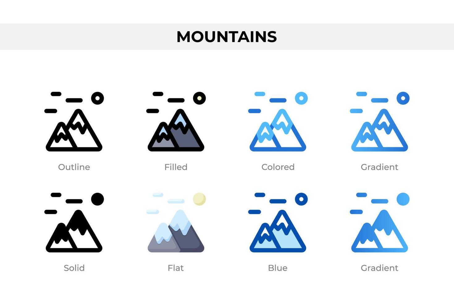 Mountains icons in different style. Mountains icons set. Holiday symbol. Different style icons set. Vector illustration