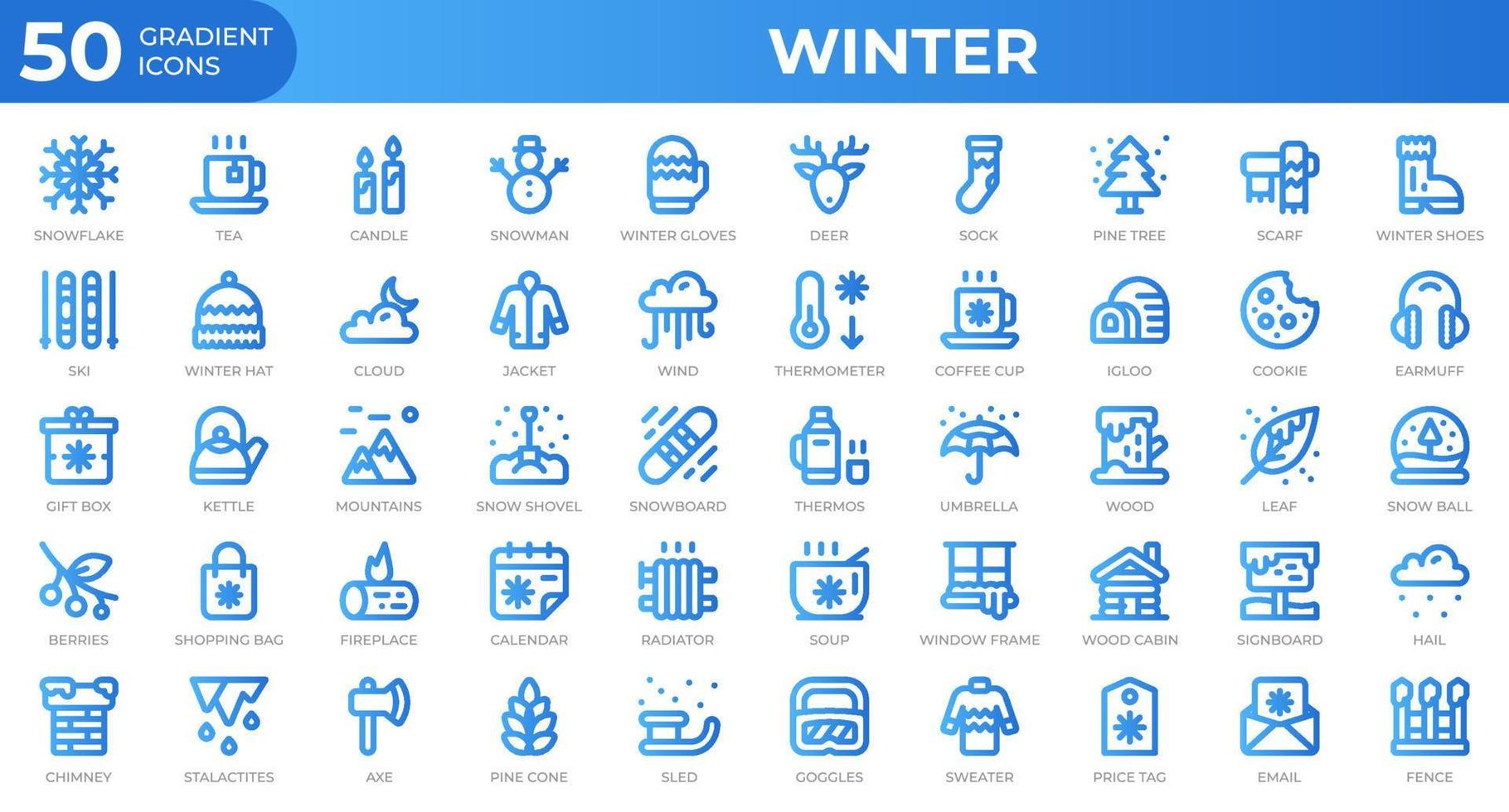 Winter icons in gradient style. Snowflake, tea, sweater. Gradient icons collection. Holiday symbol. Vector illustration
