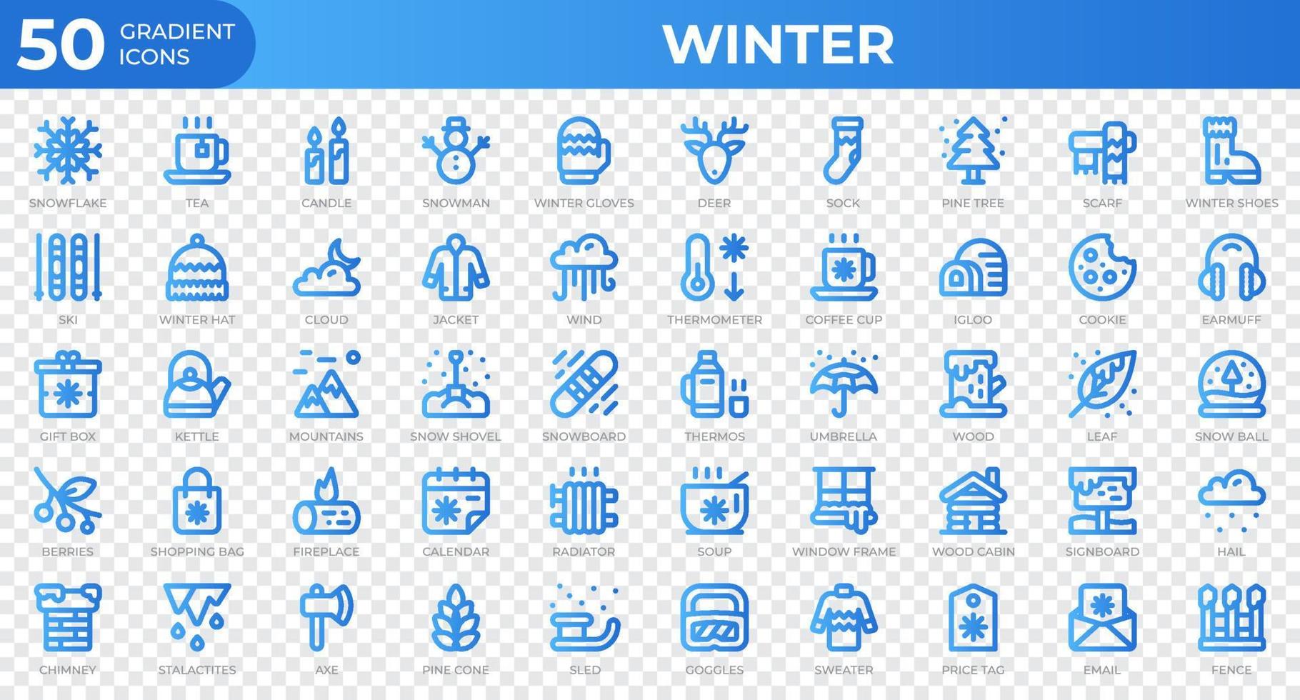 Winter icons in gradient style. Snowflake, tea, sweater. Gradient icons collection. Holiday symbol. Vector illustration