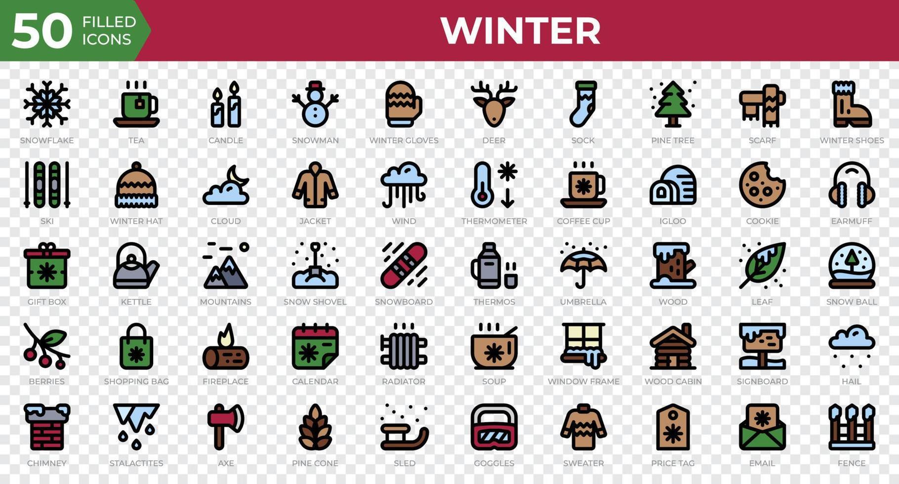 Winter icons in filled outline style. Snowflake, tea, sweater. Filled outline icons collection. Holiday symbol. Vector illustration