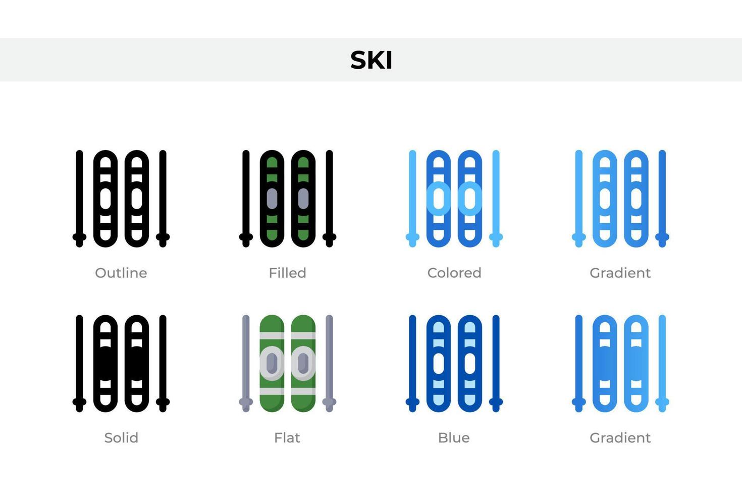 Ski icons in different style. Ski icons set. Holiday symbol. Different style icons set. Vector illustration