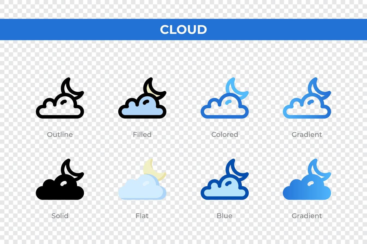 iconos de nubes en diferentes estilos. conjunto de iconos de nube. símbolo de vacaciones. conjunto de iconos de estilo diferente. ilustración vectorial vector