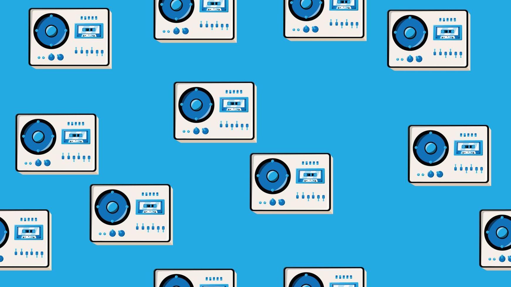 Seamless pattern endless with music audio cassette old retro tape recorders vintage hipster from 70s, 80s, 90s isolated on blue background. Vector illustration
