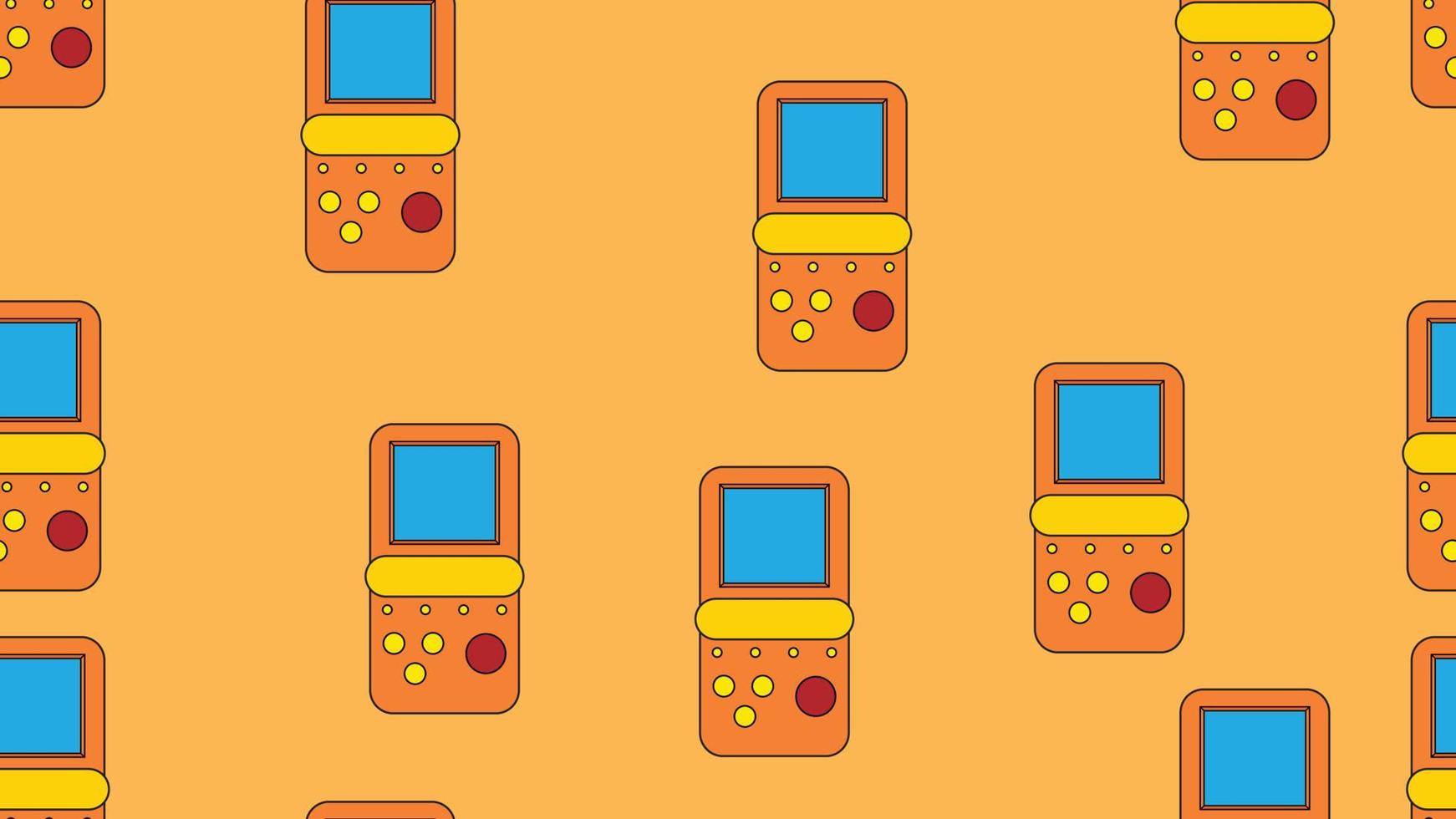 Seamless pattern endless with handheld game consoles, electronic toys old retro vintage hipster from 70s, 80s, 90s isolated on yellow background. Vector illustration