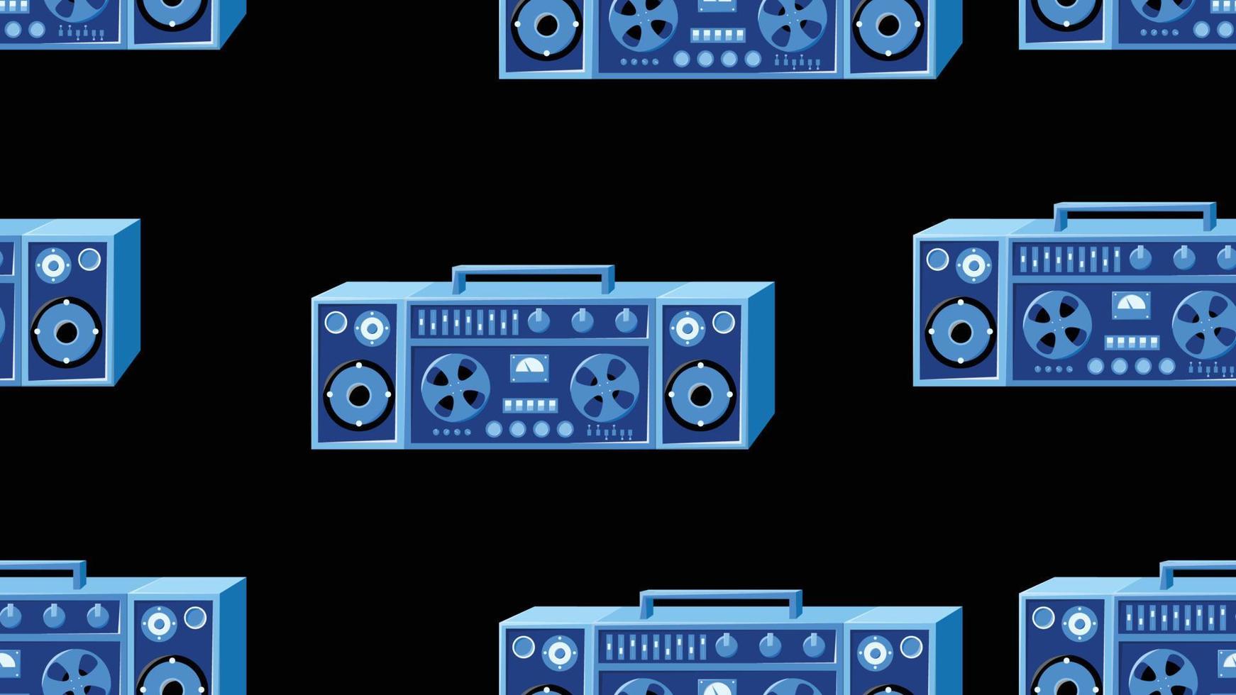 Seamless pattern endless with music audio cassette old retro tape recorders vintage hipster from 70s, 80s, 90s isolated on blue background. Vector illustration