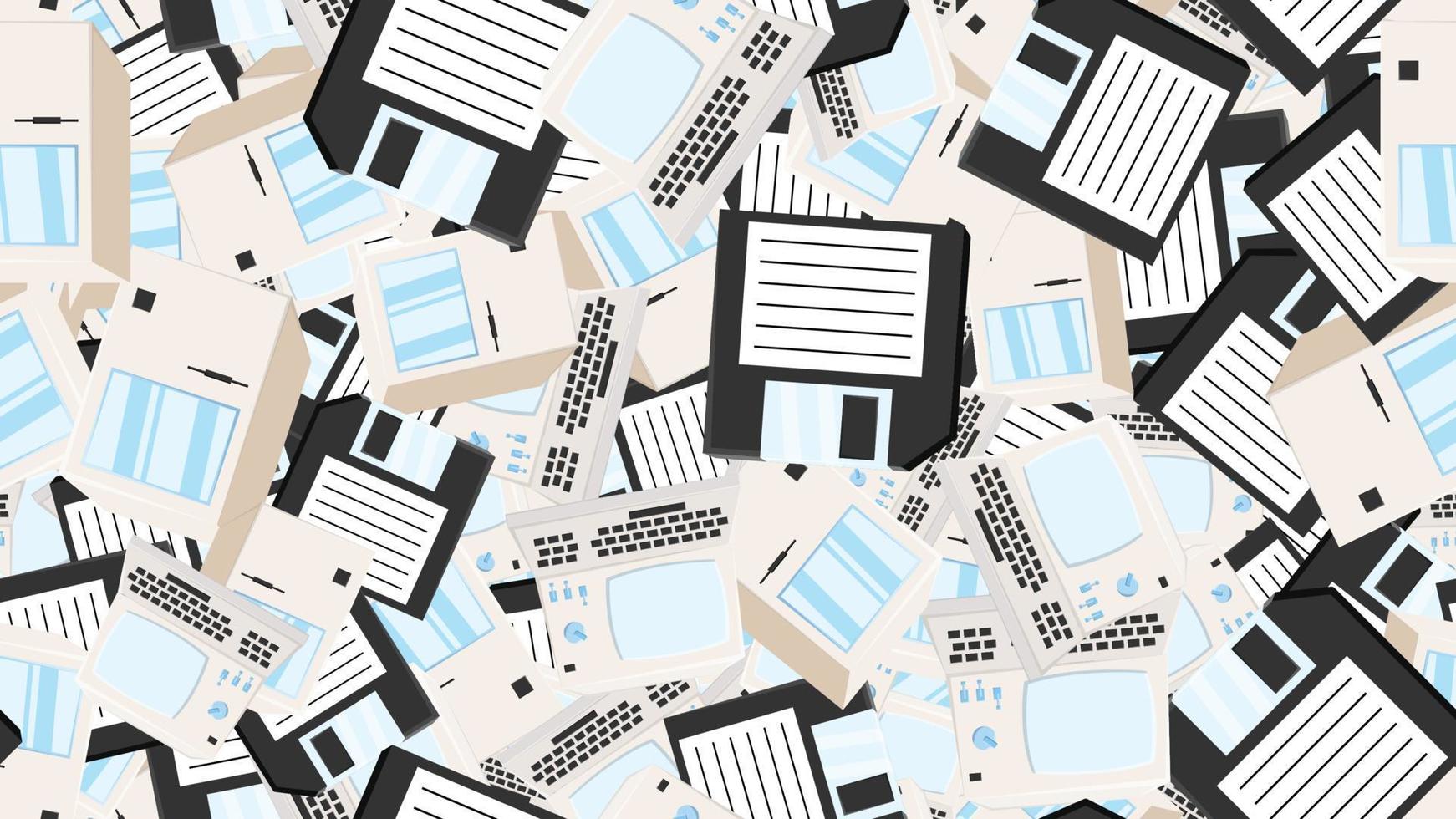 Seamless pattern endless computer with old retro computers, pc and vintage white hipster floppy disks from 70s, 80s, 90s isolated on white background. Vector illustration