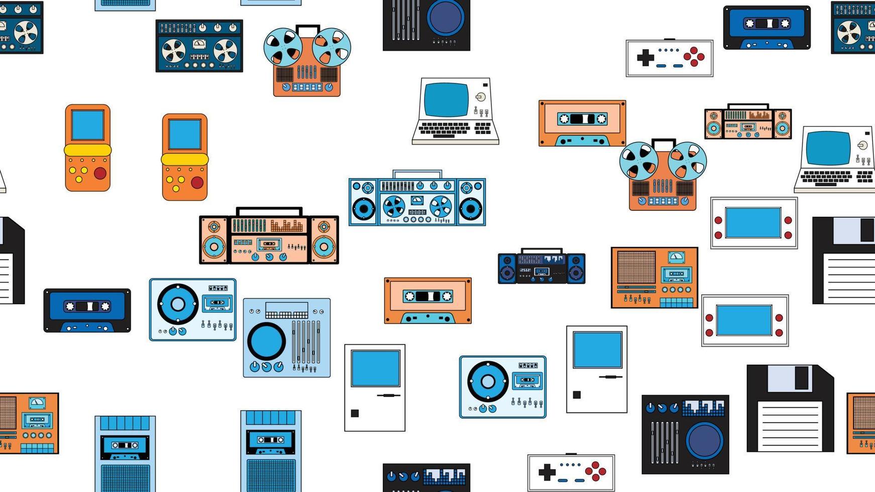 patrones sin fisuras sin fin con equipos electrónicos de tecnología antiguo hipster vintage retro de los años 70, 80, 90 aislado sobre fondo blanco. ilustración vectorial vector