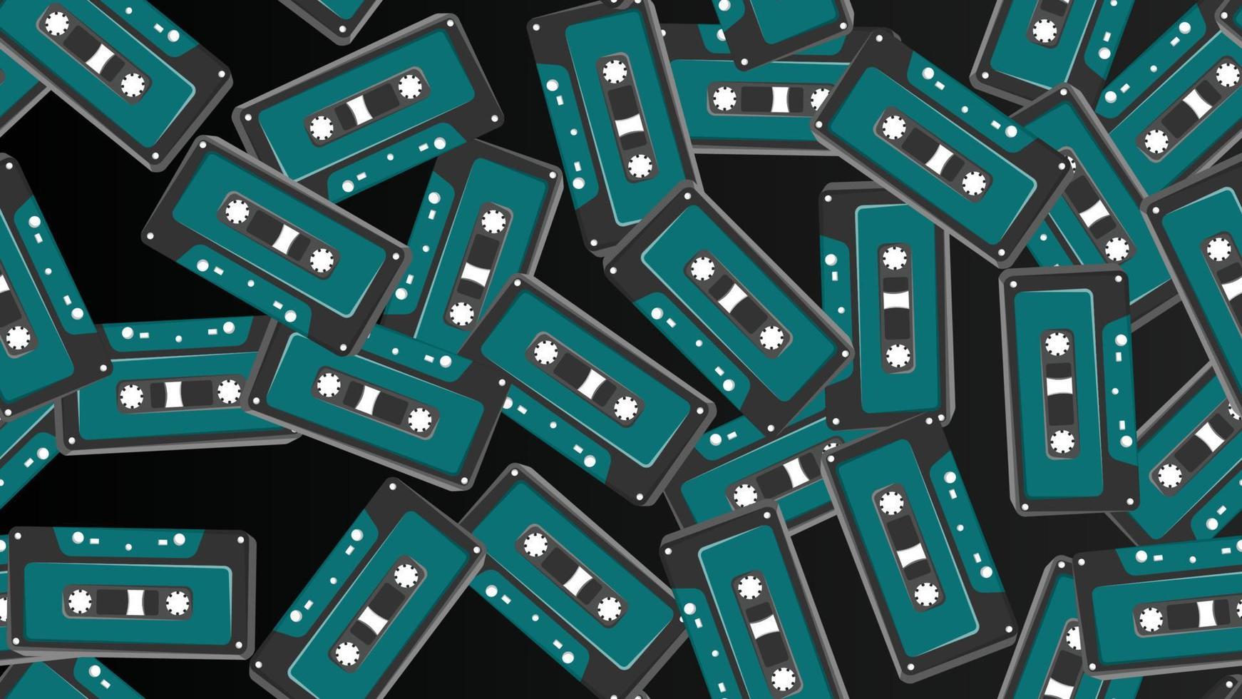 Seamless pattern endless with music audio cassettes old retro vintage hipster from 70s, 80s, 90s isolated on black background. Vector illustration