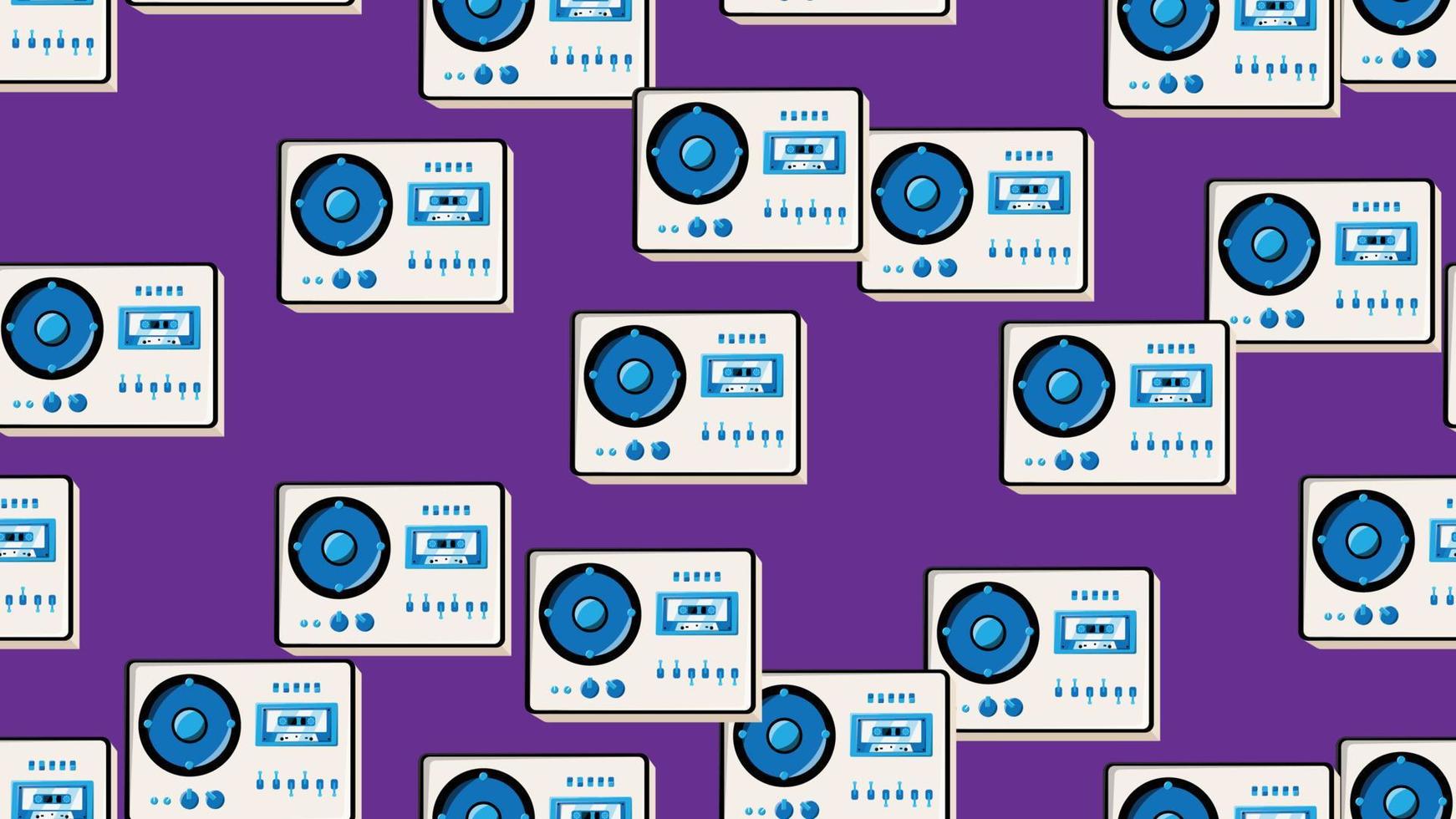 Seamless pattern endless with music audio cassette old retro tape recorders vintage hipster from 70s, 80s, 90s isolated on purple background. Vector illustration