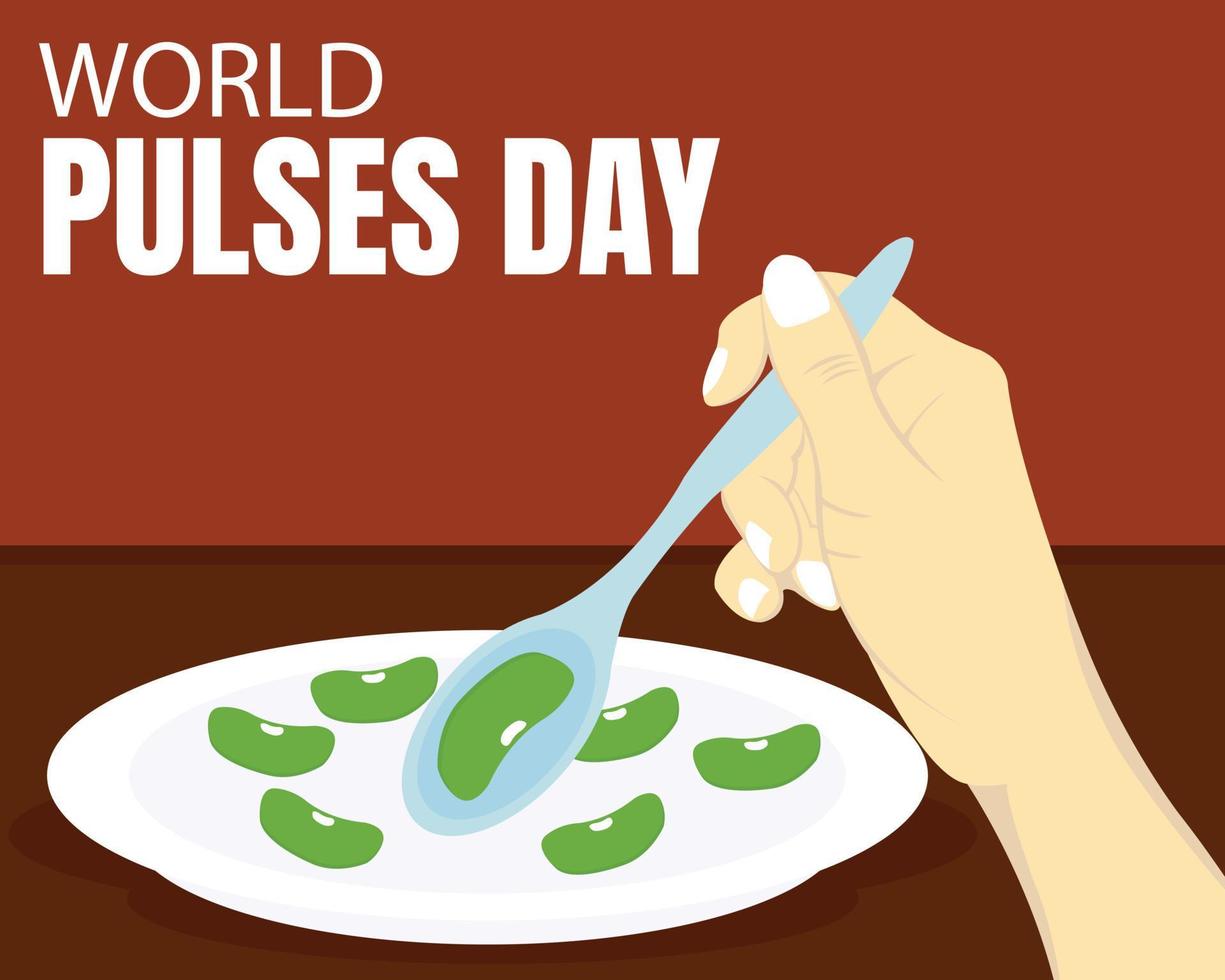 illustration vector graphic of hands take green beans on a plate with a spoon, perfect for international day, world pulses day, celebrate, greeting card, etc.