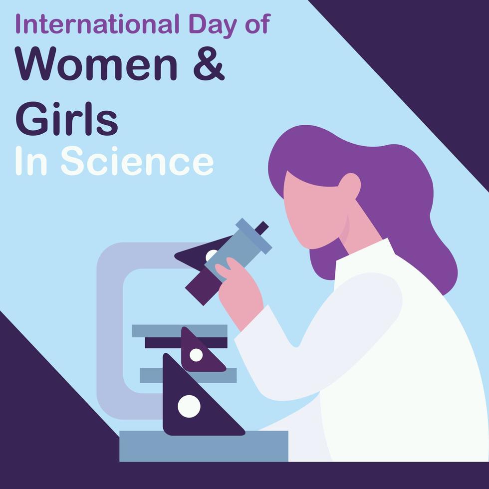 illustration vector graphic of a woman is using a microscope to look at small objects, perfect for international day, women and girls in science, celebrate, greeting card, etc.