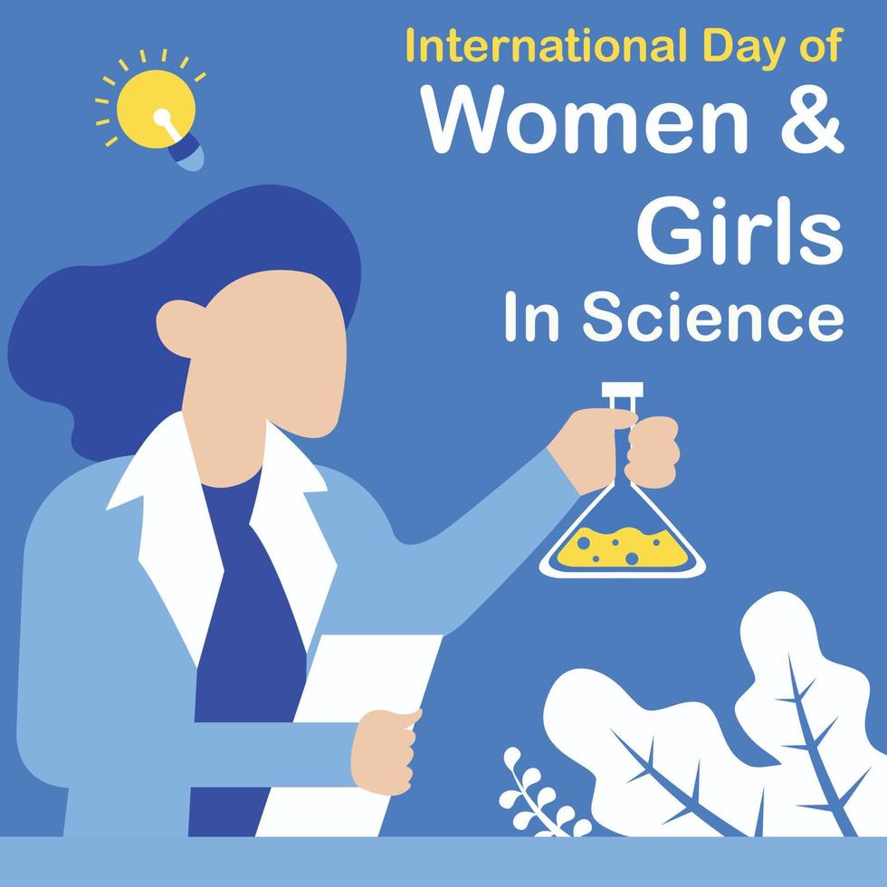 ilustración gráfica vectorial de una mujer sosteniendo un matraz erlenmeyer y un cuaderno, perfecto para el día internacional, mujeres y niñas en ciencia, celebración, tarjeta de felicitación, etc. vector