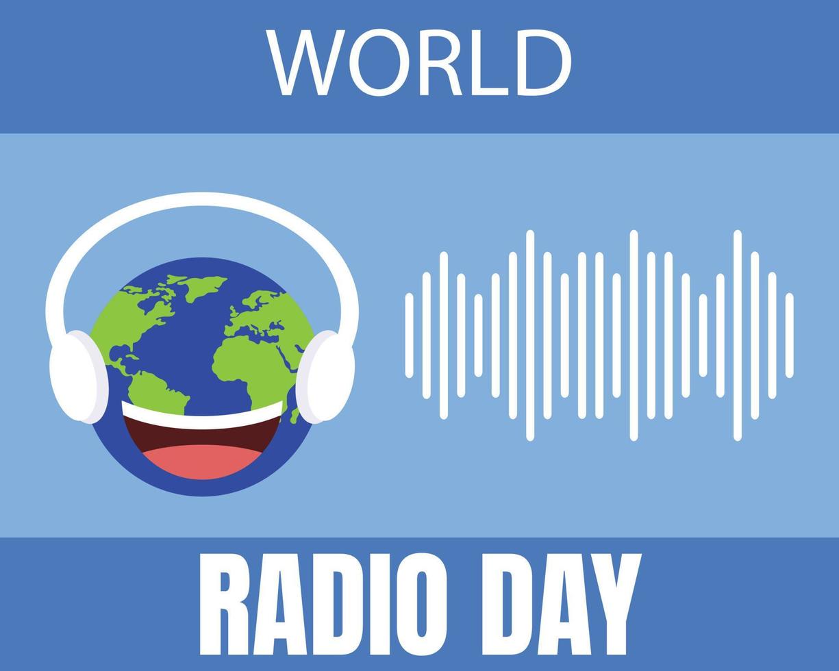 illustration vector graphic of globe is wearing headphones, displays sound waves, perfect for international day, world radio day, celebrate, greeting card, etc.